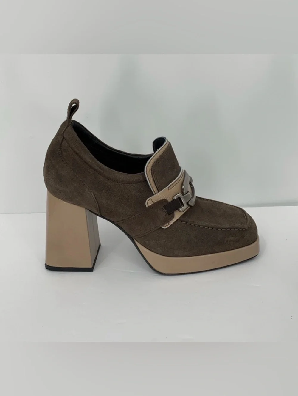 Casta Josh chunky platform loafers brown suede tan patent shoe pewter oval 40 9